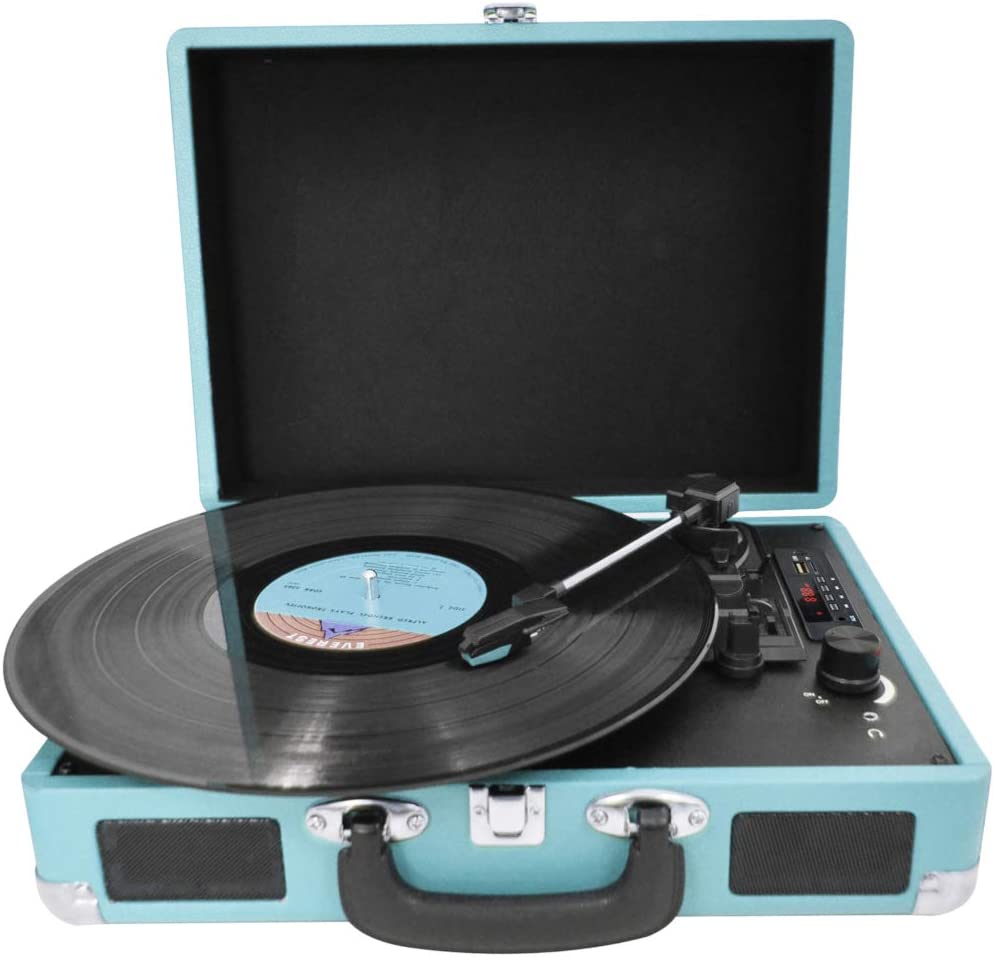 PRIXTON VC400 - Tocadiscos de Vinilo Vintage, Reproductor de Vinilo y Reproductor de Musica Mediante Bluetooth y USB, 2 Altavoces Incorporados, Diseño de Maleta, Color Azul
