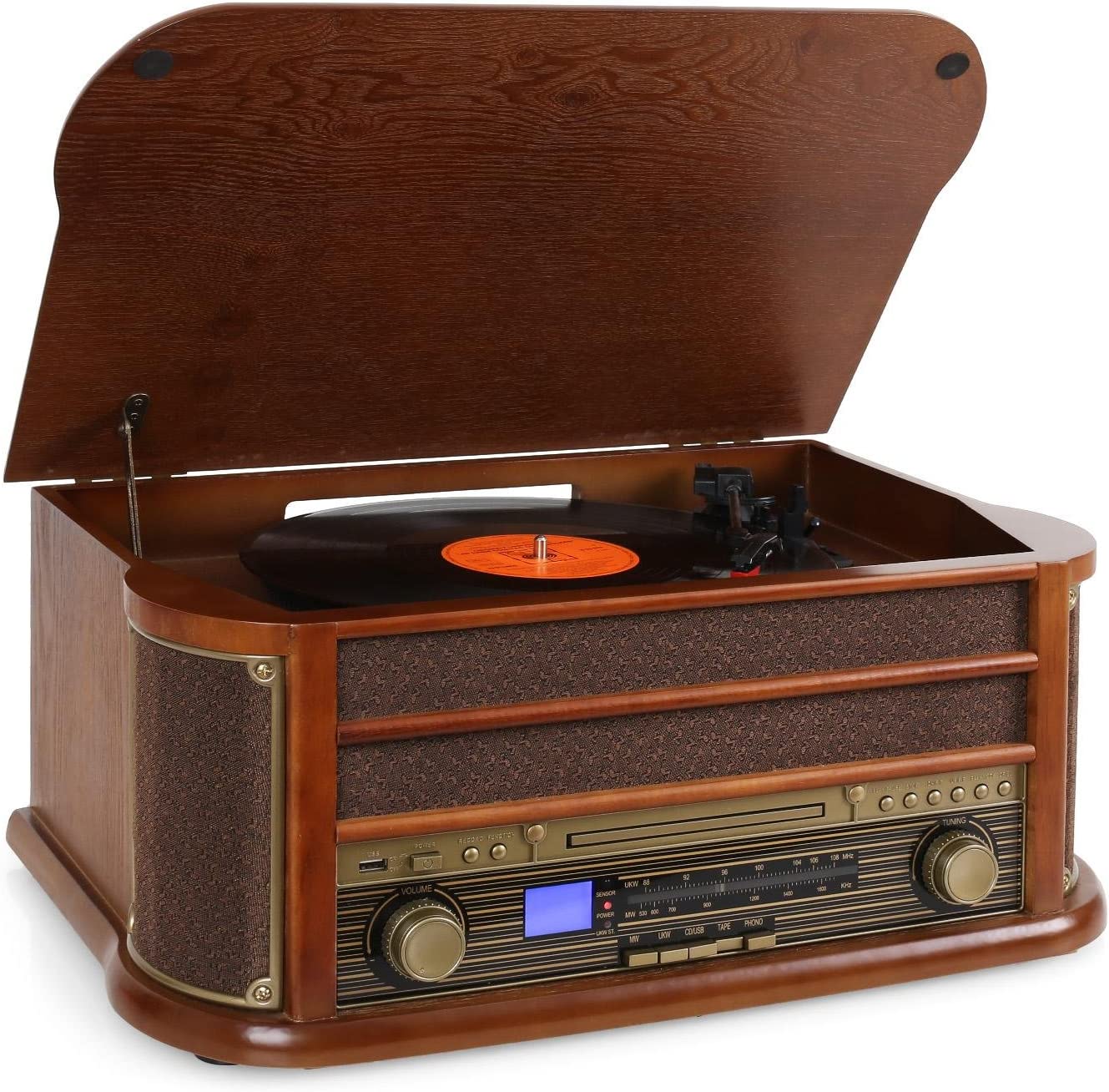 auna Belle Epoque 1908 - Tocadiscos estéreo Retro, Accionamiento por Correa, Radio Digital, Reproductor de CD, MP3, RDS, Casete, USB, Digitalizador, Mando a Distancia, Marrón
